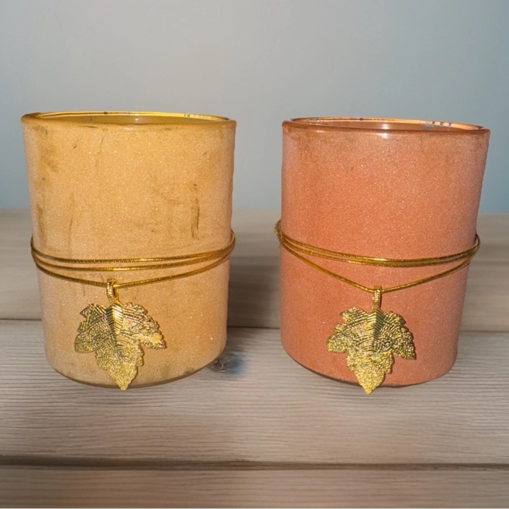 Elegant Gold and Tan Candle Holders with Leaf Accent